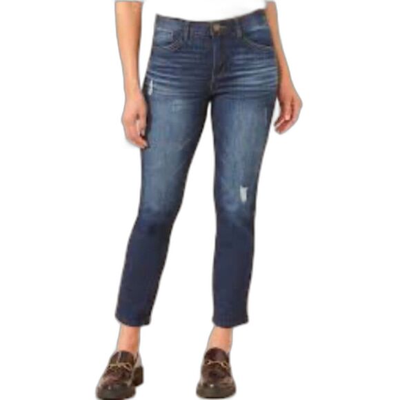 Democracy Blue Medium Wash Mid-Rise Distressed Ab-Solution Cropped Jeans Size 14 - Picture 1 of 15